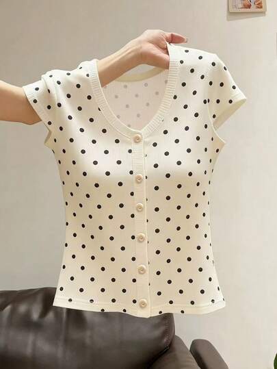SHEIN Franclia Elegant Commuter French Cute Women's T-Shirt, Polka Dot Pattern Decor Button V-Neck Striped Splice Slim Fit Short Sleeve T-Shirt, Suitable For Spring, Summer, Autumn And Winter Outings, Dating, Vacation And Retro Outfits