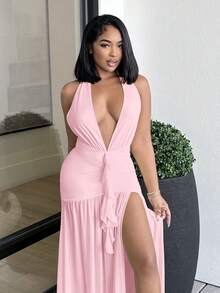 Alexandranx 性感極簡純色黃奶油色深V領掛脖緊身抓皺修身女款網紗長洋裝 夏季派對優雅 - 珊瑚粉 - 查看 5