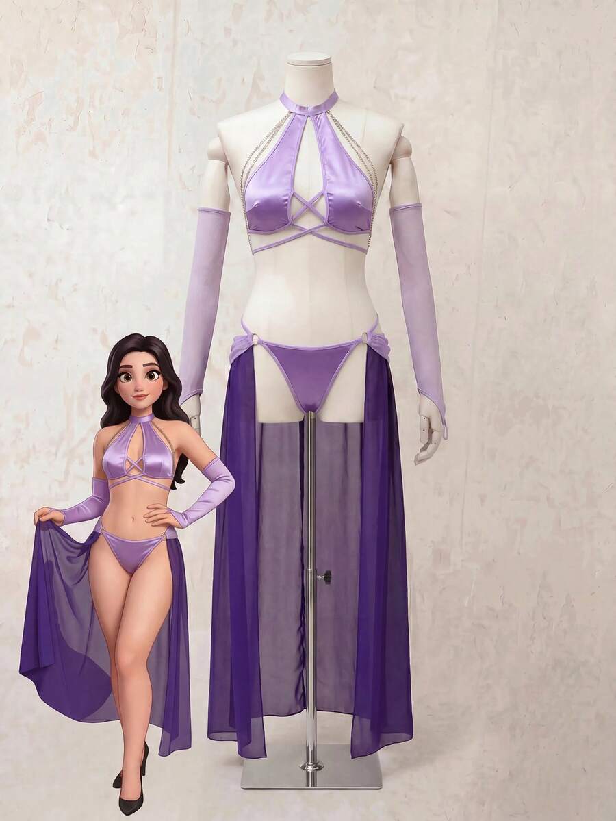 Fantasy Costume Fantasy Costume Plus Size Lingerie Set With Metal Chain, Mesh & Thong, 3pcs - Purple - View 1