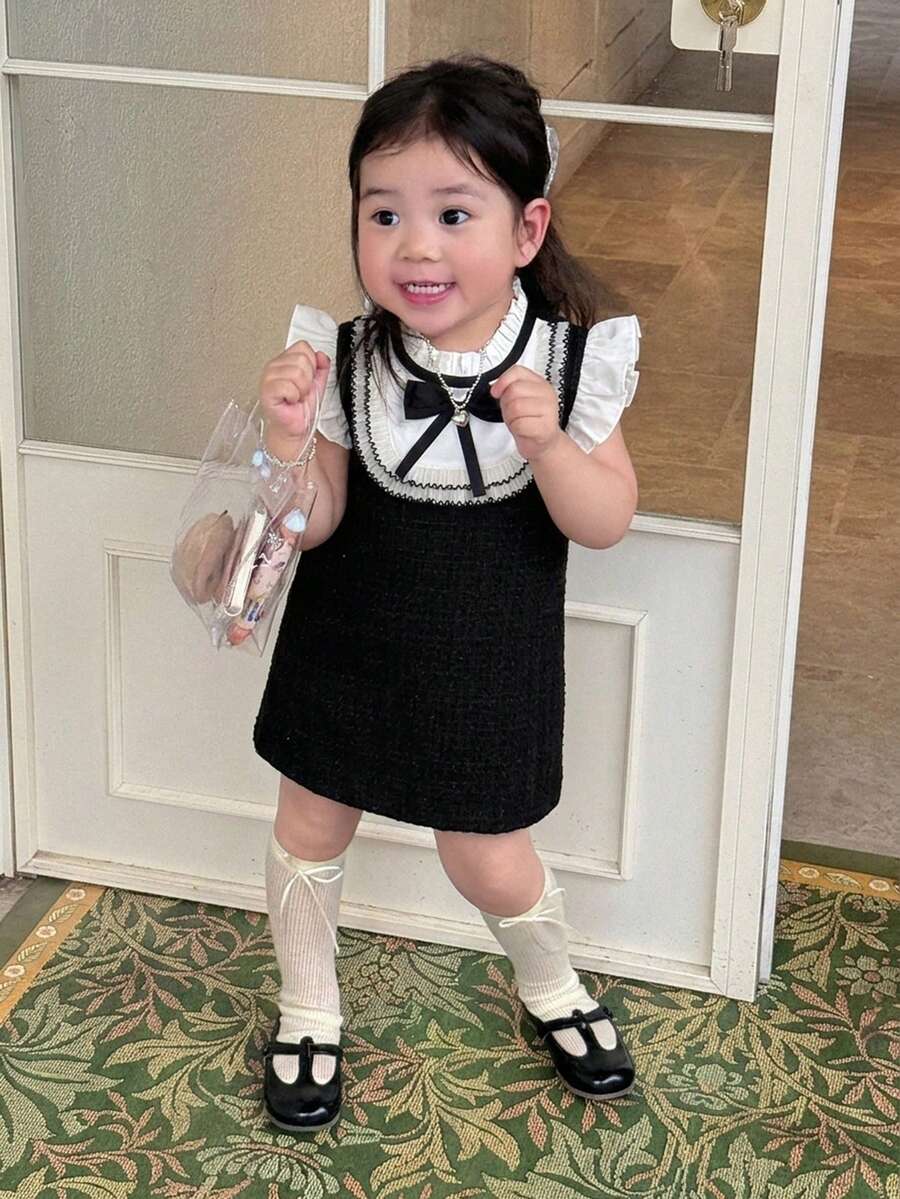 Dazy Kids 女嬰圓領拼色韓風蝴蝶結無袖中長洋裝 幼兒夏季 - 黑色 - 查看 1