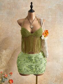 Glamine Women's Vacation Fashion Shiny Sequin Mini Skirt Floral Embroidery Romantic Girlisim Edgy Feminine Style Beach Golf Parties Summer - Green - View 10