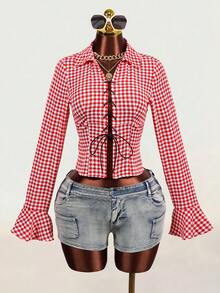 Mistrie Women's Sexy Cottage Core Retro V-Neck Eyelet Lace-Up Long Sleeved Plaid Shirt With Front And Middle Straps Ruffle Sleeves Design Picnic Oktoberfest - Red and White - View 8