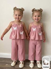 Cozy Pixies Babygirl Cute Summer Pink Chiffon Butterfly Decor Camisole Top And Elastic Waist Pants Set - Dusty Pink - View 6