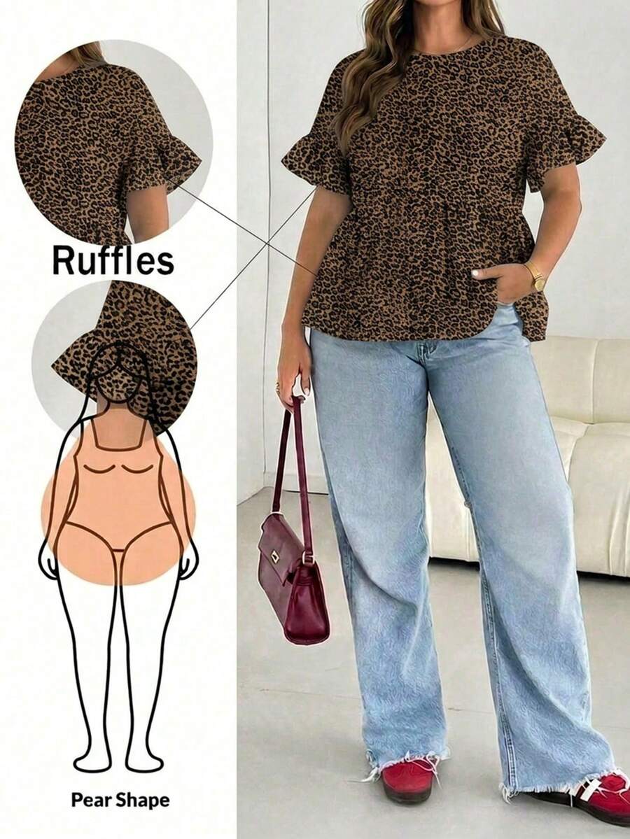 SHEIN Essnce 大码女式圆领荷叶边短袖衬衫,夏季 - 白色 - 查看 1