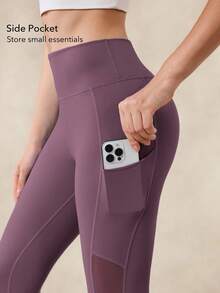 OutZeal Women Outdoor Leggings Solid Color Running Gym Yoga Cool Touch Tummy Control High Waist Mesh Panel Sport Pants Summer Spring - Purple - View 4
