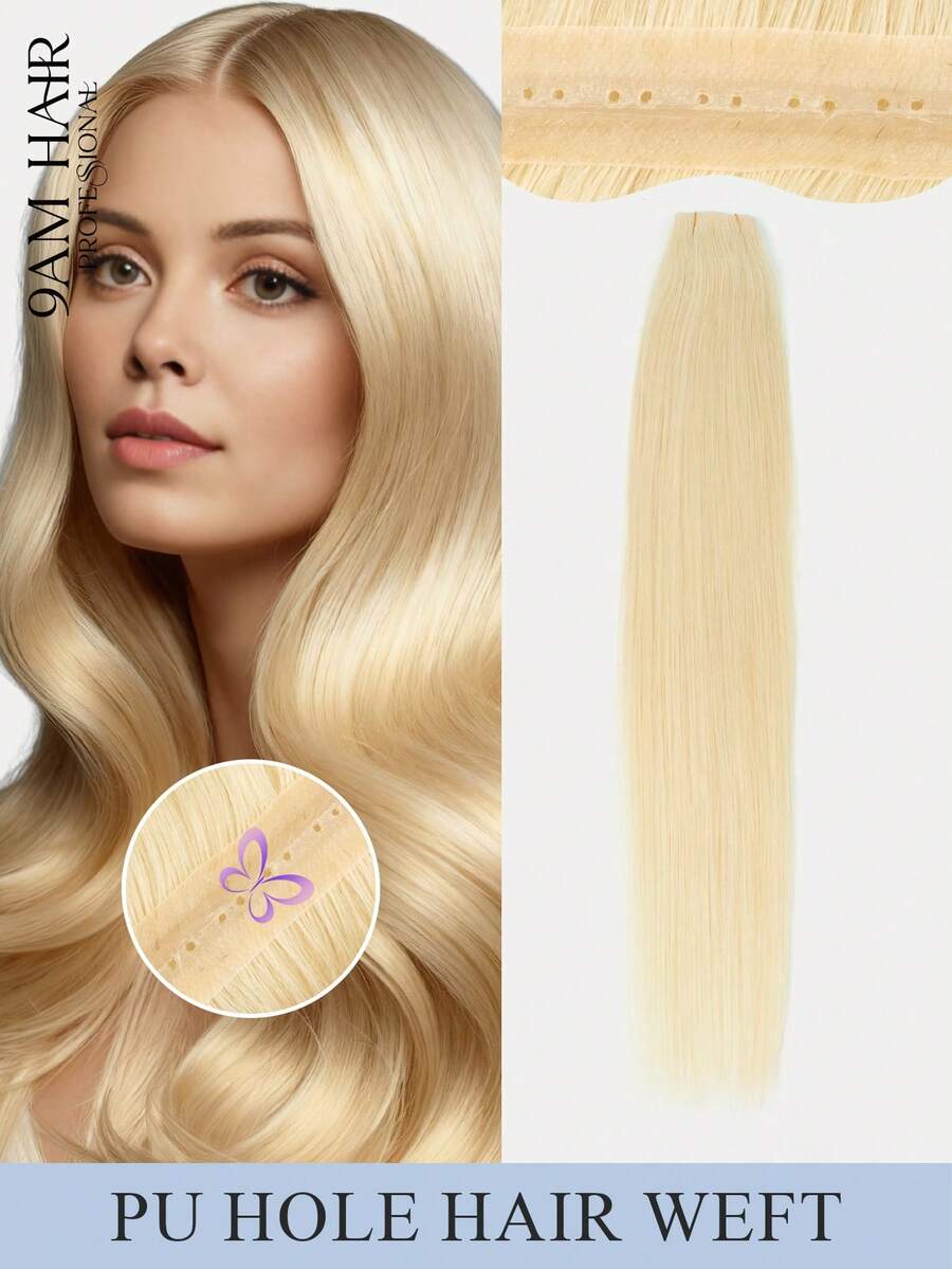PU Hole Weft Human Hair Extension Butterfly Weft Hair Extension Real Human Hair 12-24inch Blonde Color Straight Human Hair Extensions Bundles Invisible Hair Extensions Human Hair For Daily & Wedding & Party - Multicolor - View 1