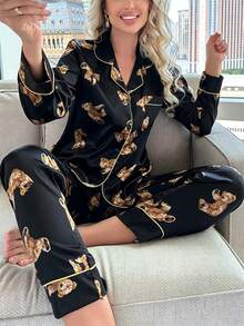 Cartoon Print Contrast Binding PJ Set / Pajama Set, Fall Clothes Cozy And Elegant Details, Winter - Black - View 1