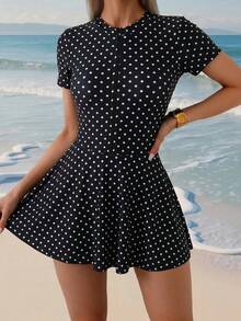 Swim Shayni Áo tắm Burkini nữ kiểu dáng thường ngày, họa tiết chấm bi, có khóa kéo, thích hợp cho kỳ nghỉ biển. - Đen và trắng - Xem 3