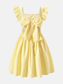 SHEIN Gaun Mini Lengan Pendek Bergaris Kuning & Putih untuk Remaja Putri, Manis & Elegan untuk Liburan Musim Semi/Panas - Kuning - View 2