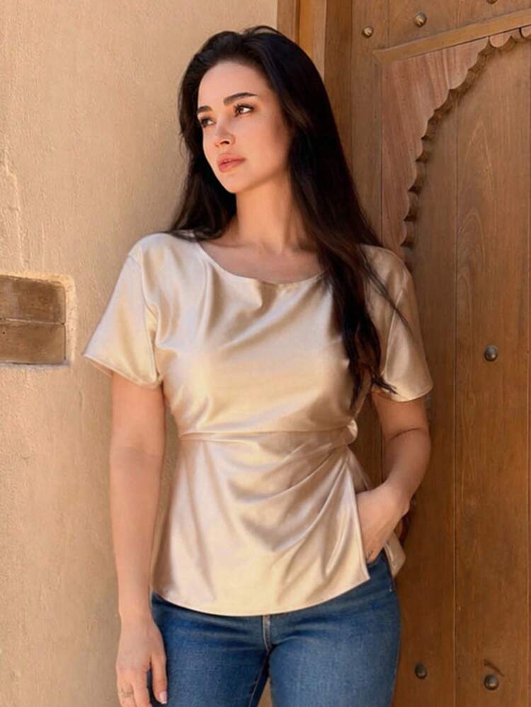 Women's Solid Color Tie-Front Elegant Formal Short Sleeve Round Neck Blouse, Summer