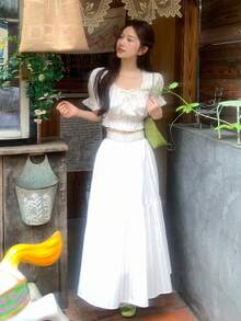 DAZY 女款休閒圓領短袖韓風上衣 + 寬鬆A字裙 2件套 夏季 - 粉色 - 查看 6