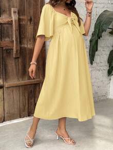 SHEIN 休闲系带荷叶袖孕妇中长连衣裙 - 黃色 - 查看 5