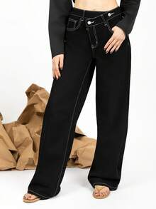 PRISCILA ESCOTO PRISCILA ESCOTO Women's Fashion Casual Asymmetrical Waistband Loose Fit Jeans Black - Black - View 4