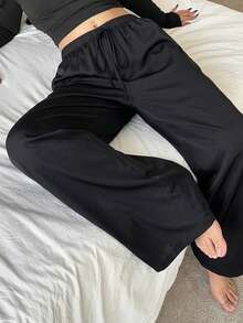 Dazy Plus Elastic Waist Loose Drawstring Straight Leg Sleepwear Bottoms, Plus Size Women Solid Color Pajamas - Black - View 3