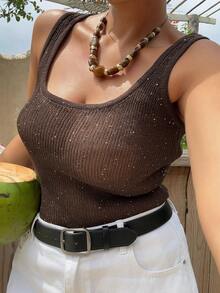 Dazy Plus Plus Size Women Sleeveless Sequin Decorated Scoop Neck Casual Sexy Knit Top, Brown, Spring/Summer Vacation Date Night Beach - Brown - View 6