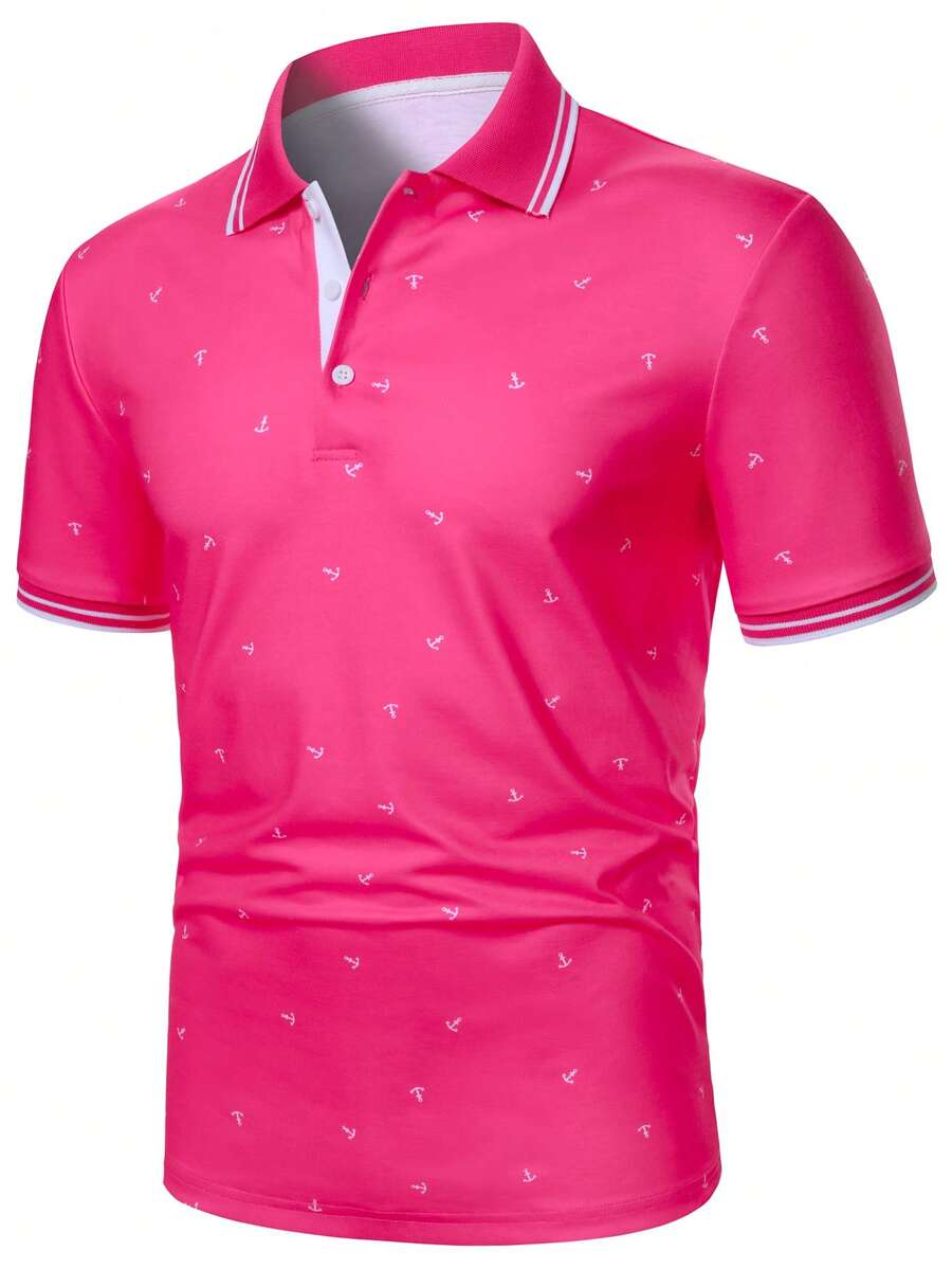 Calvornis Men's Anchor Print Short Sleeve Casual Commuter Polo Shirt, Formal - Hot Pink - View 1