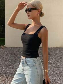 DAZY Women's Square Neck Fitted Ribbed Camisole Top, Summer - Black - View 4