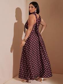 SHEIN BAE CURVE Plus Size Women's Burgundy Scarf Hem Maxi Dress Chic 70's Casual Polka Dot Midi Dress Tie Neck Sleeveless A Line High Waist Elegant Summer Party - Multicolor - View 2