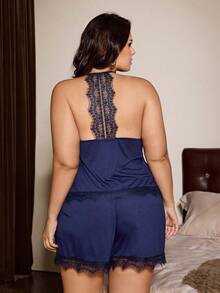 Slumberist New Lace Hollow Out Sexy Loose Long Sleeve Robe With Tie, Camisole And Shorts 3-Piece Sleepwear Set, Plus Size - Navy Blue - View 5