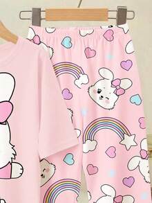 Conjunto de ropa holgada para el hogar y el tiempo libre con estampado de conejo, arcoíris y corazón, adecuado para niñas bebés en verano - Multicolor - Ver 6
