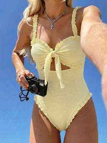 Sweetra New One-Piece Swimsuit, Sexy & Cute Textured Fabric Bandeau Swimwear, Suitable For Beach & Holiday, Spring/Summer Vacation - Mustard Yellow - View 5