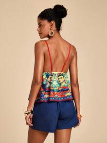 Travachic Frida Kahlo X SHEIN Damen Blumen- & Gesichts-Muster plissiertes, vielseitiges Urlaubs-Camisole Top - Verschiedenfarbig - Übersicht 2