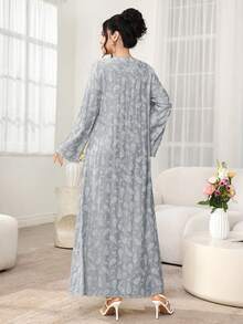 Al Najma 新款复古印花V领高腰A字长袖阿拉伯风格连衣裙 - 淺灰色 - 查看 2
