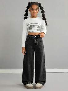 SHEIN Celana Jeans Khaki Longgar dengan Potongan Lebar untuk Remaja Putri - Hitam - View 6