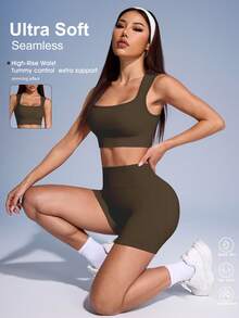 Easithlete Easithlete Conjunto de top de chaleco deportivo y shorts de unicolor acanalado para mujeres, conjunto de ropa deportiva para mujeres - Óxido marrón - Ver 3