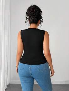 Elenzga Plus Size Black Square Neck Sleeveless Ribbed Knit Crop Top Gold Sunflower Decor Button Fitted Bodycon Tank Top Curvy Figures Cocktail Summer Elegant - Black - View 2