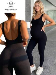 SHEIN Maternity Casual Solid Color Elastic Round Neck Jumpsuit,Word Cup - Black - View 1