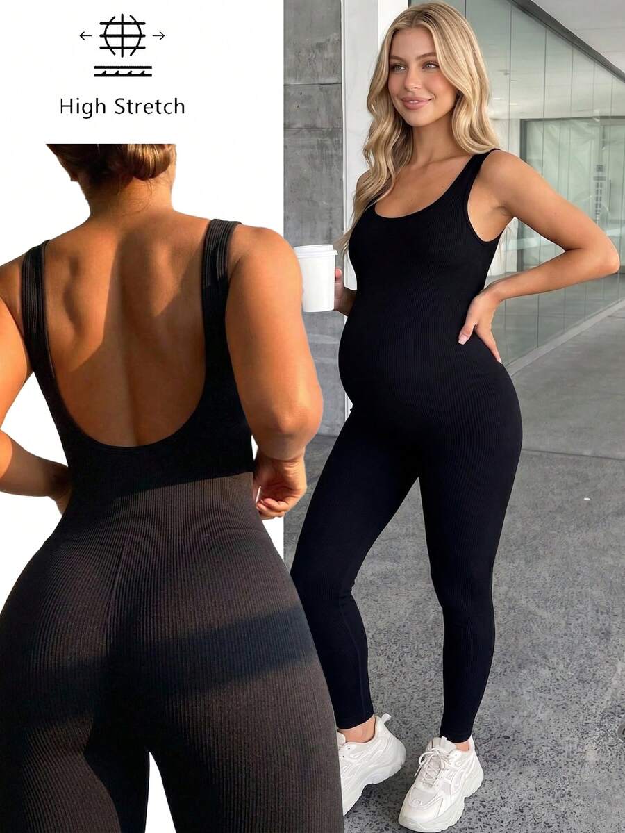 SHEIN Maternity Casual Solid Color Elastic Round Neck Jumpsuit,Word Cup - Black - View 1