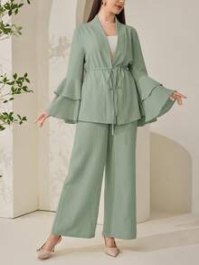 Veilorie Women's Stylish Sage Green Two-Piece Outfit With Ruffle Cuff Jacket And Wide Leg Pants - Green - View 8