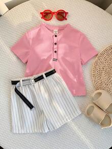 SHEIN 男婴夏季休闲红色领polo衫和白色条纹短裤两件套，适合生日派对、锐舞派对、晚宴、演出、婚礼、迎婴派对和一周岁生日庆祝活动。 - 藕粉色 - 查看 3