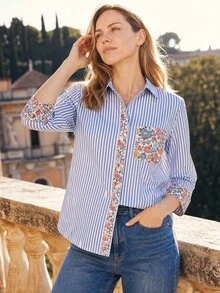 Dayvera Áo sơ mi nữ tay dài họa tiết hoa phong cách thường ngày - Màu xanh lam - Xem 1