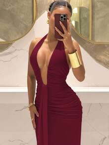 Slaydiva 2025新款优雅深V领美人鱼连衣裙，适合派对、生日、酒吧、夜店、情人节、万圣节、圣诞节等场合 - 棕色 - 酒紅色 - 查看 5