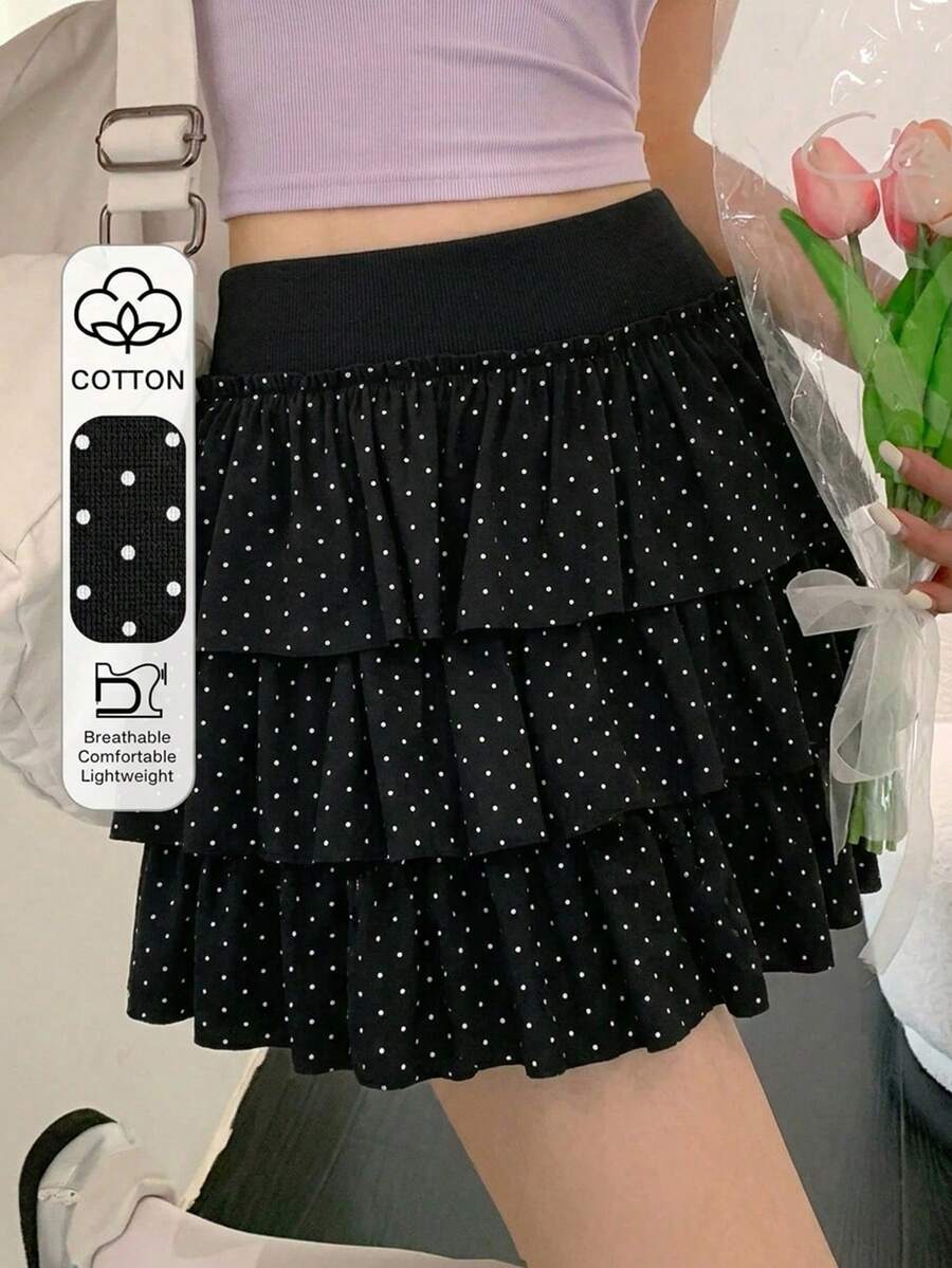 DAZY 女款休閒波點百褶韓風短裙，荷葉邊裙襬，校園風 - 黑色 - 查看 1