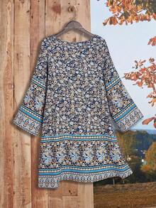 Rusticease Plus Size Patterned Midi Dress,Fall Women Clothes - Blue Day - View 2