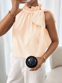 SHEIN Clasi Blus Tanpa Lengan Wanita Motif Garis-Garis dengan Kerah Berkerut dan Pita, Musim Semi/Panas - Jeruk - View 3