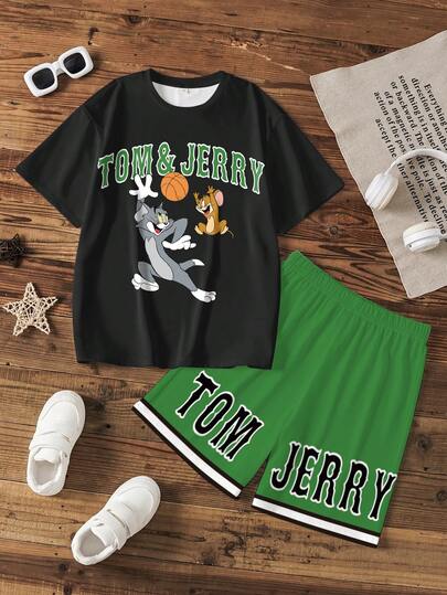 TOM & JERRY X SHEIN 男童夏季休闲字母卡通印花圆领短袖T恤和短裤套装
