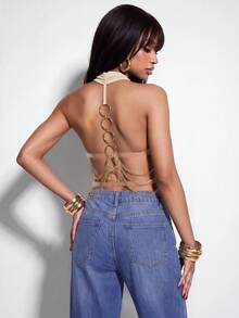 Normani Summer Festival Party Club Night Out Prom Graduation Casual Sexy Country Y2k Women's Plunging Neck Backless Halter Top Beige - Khaki - View 6