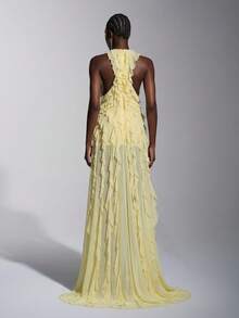 Elitara Elegant Minimalist Multi-Layered Ruffled Cold Shoulder Asymmetrical Fishtail A-Line Romantic Women's Formal Evening Gown - Light Yellow - View 5
