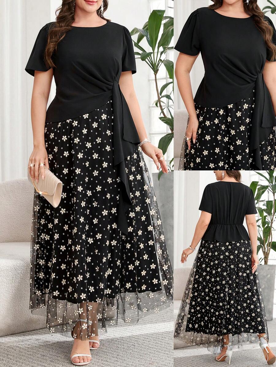 SHEIN Clasi 大码夏季优雅撞色网纱碎花连衣裙 - 黑色 - 查看 1