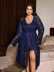 Slumberist New Lace Hollow Out Sexy Loose Long Sleeve Robe With Tie, Camisole And Shorts 3-Piece Sleepwear Set, Plus Size - Navy Blue - View 1