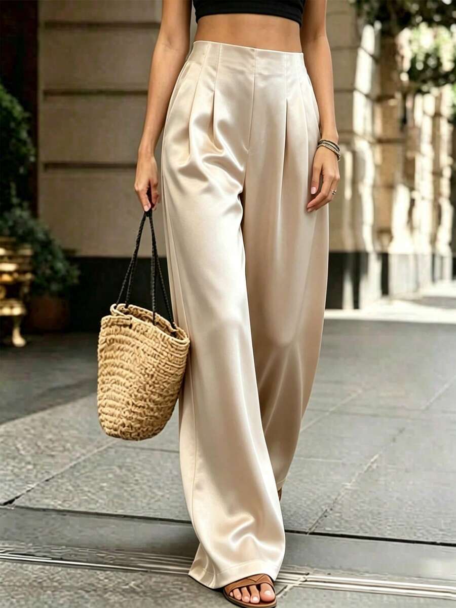 Franclia Quần ống rộng nữ cao cấp mới mùa Xuân/Hè, cạp chun bằng satin, kiểu dáng thanh lịch và độc đáo, quần palazzo nữ mùa Xuân/Hè, quần đi nghỉ mát nữ, trang phục mùa xuân, trang phục mùa hè, đi nghỉ dưỡng, dạo phố, phong cách Y2K, xuân, hè, trở lại trường học, thường ngày, đi biển, công sở, đa năng, quần nữ màu mơ, gợi cảm - Màu be - Xem 1