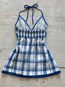 Glimmora Áo croptop cổ chữ V kẻ caro cổ điển, thắt eo, gợi cảm - Màu xanh lam - Xem 2