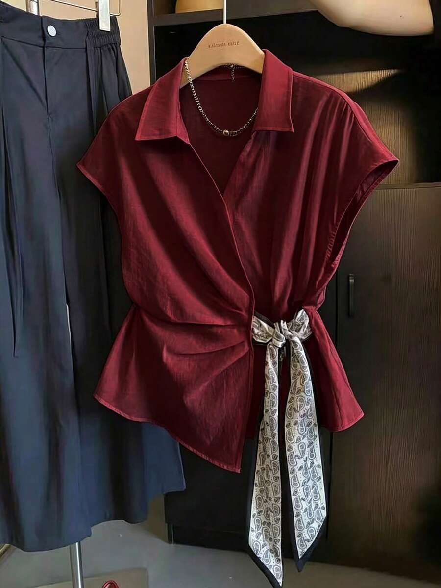 SHEIN Franclia 女士时尚优雅不对称下摆蝴蝶结衬衫 - 酒紅色 - 查看 1