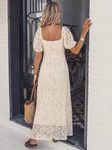 LanaWest Women's Casual Apricot Lace Sweetheart Collar Short Sleeve Waist Splicing Ruffle Hem Dress, Spring/Summer - Apricot - View 2