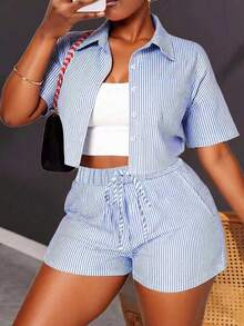 Maweii Plus Size Women Striped Short Sleeve Shirt And Shorts Casual 2 Pieces Set - Multicolor - View 1