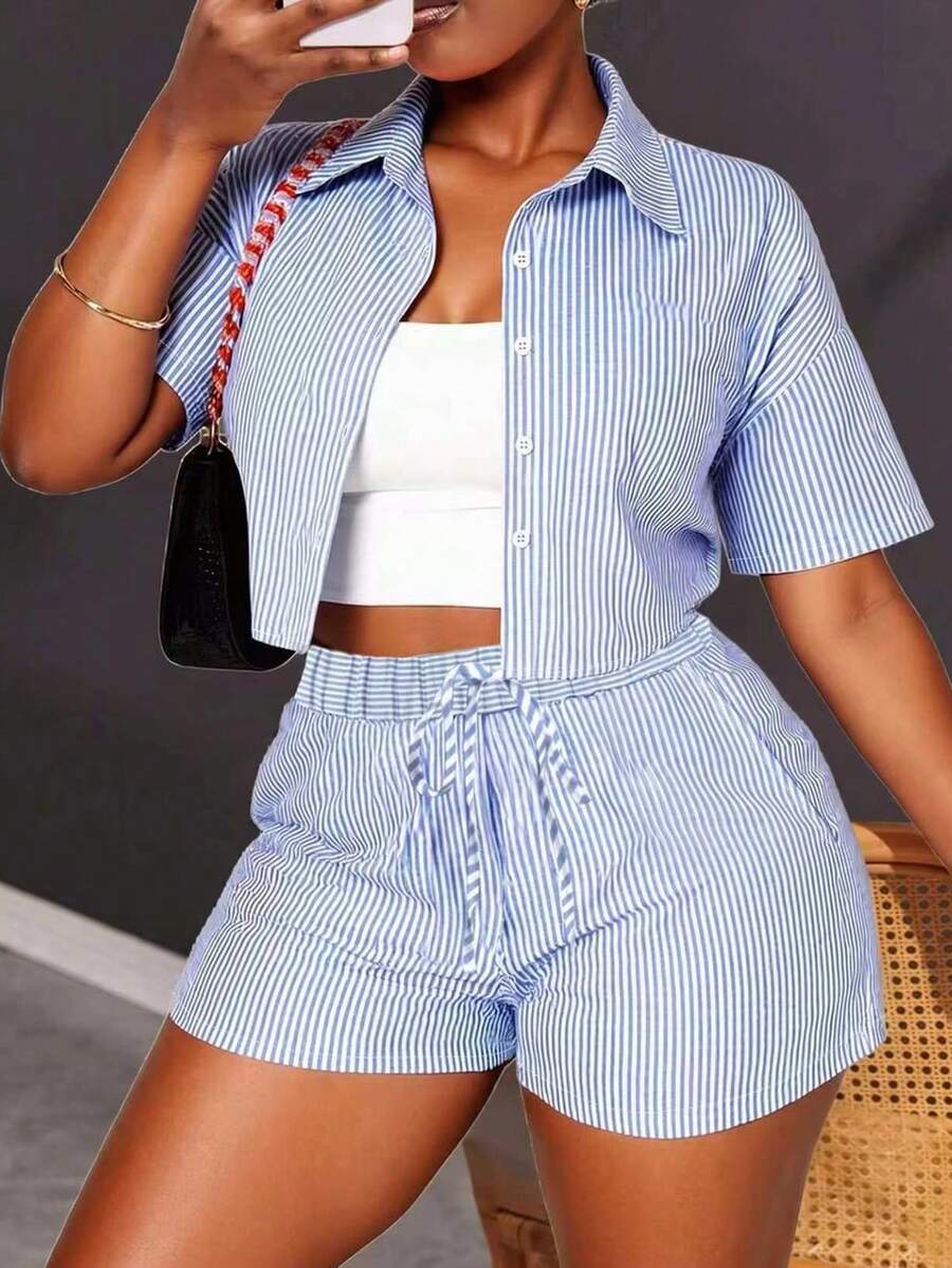Maweii Plus Size Women Striped Short Sleeve Shirt And Shorts Casual 2 Pieces Set - Multicolor - View 1